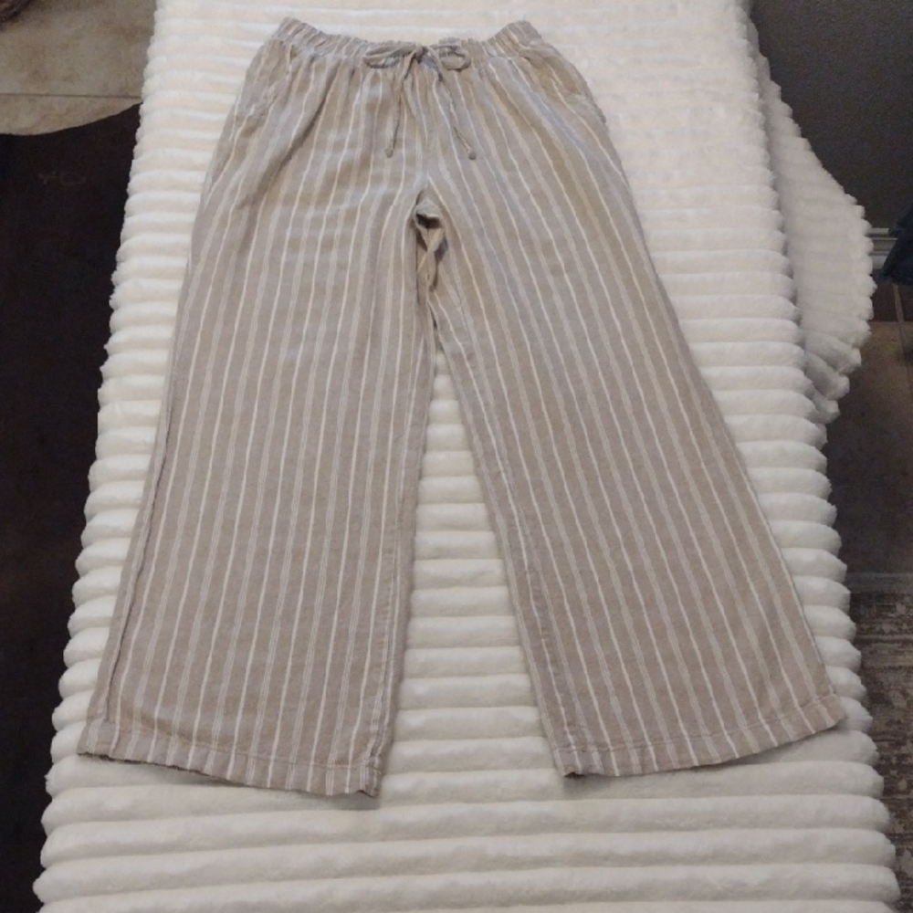 Linen Blend Striped Elastic Waist Pants Briggs Women 6 Beach Resort Wide Leg